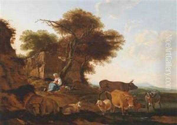 A Shepherdess And Her Flock In A Widelandscape Oil Painting by Willem Romeyn