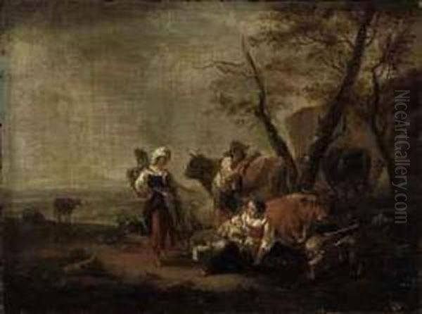 A Shepherd Family At Rest By A Tree Oil Painting by Willem Romeyn