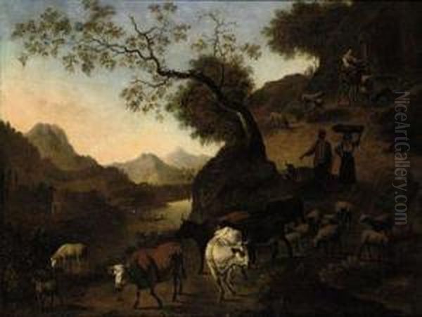 An Italianate Landscape With Shepherds And Their Herd On Apath Oil Painting by Willem Romeyn