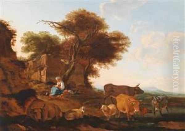 Eine Schaferin Mit Vieh Ineiner Weiten Landschaft Oil Painting by Willem Romeyn