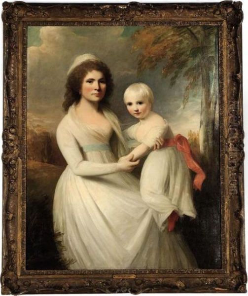 Portrait Of Mrs. Thomas Sanderson And Her Daughter, In A Landscape Oil Painting by George Romney