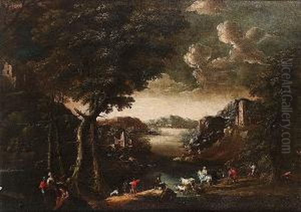 An Extensive River Landscape With Travellers On A Track And Figures Resting By A Pool; And An Extensive River Landscape With Figures On A Track, A Drover Watering A Cow And Goats On A Bank Nearby Oil Painting by Giuseppe Roncelli