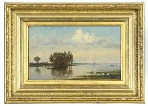 Swans On A River Bank Oil Painting by Frederick Rondel Sr.