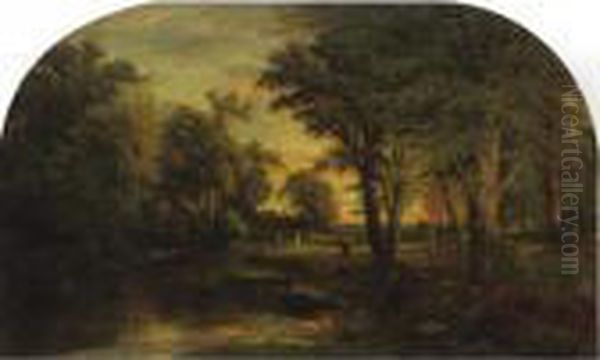 Cattle Grazing In The Woods Oil Painting by Frederick Rondel Sr.