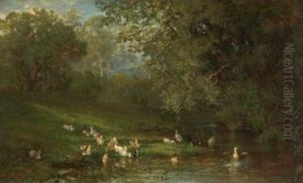 Ducks By A Pond Oil Painting by Frederick Rondel Sr.