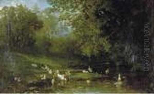 Ducks And Ducklings By A Pond Oil Painting by Frederick Rondel Sr.