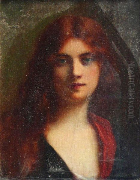 Portraitde Femme Rousse Aux Yeux Bleus Oil Painting by H. Rondel