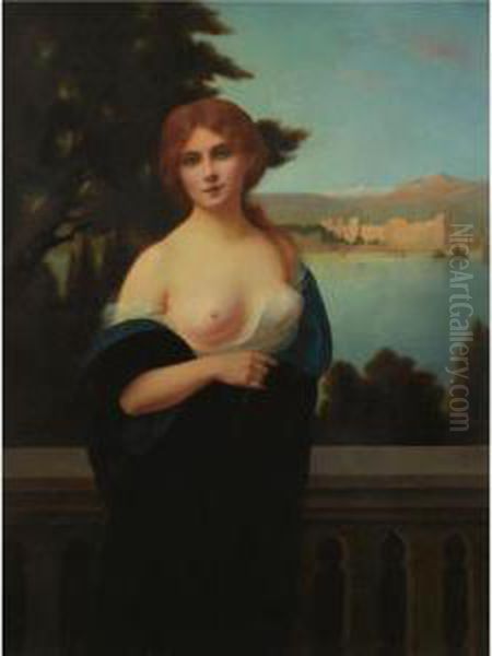 Young Woman In A Landscape Oil Painting by H. Rondel