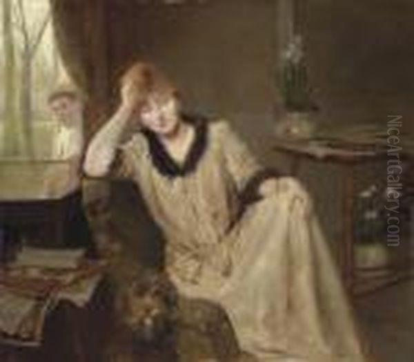 Portrait Of A Woman In An Elegant Interior Oil Painting by H. Rondel