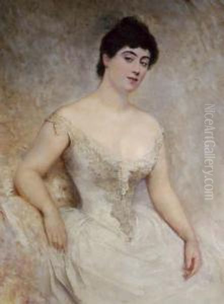 Portrait Of A Young Woman In A White Dress Oil Painting by H. Rondel