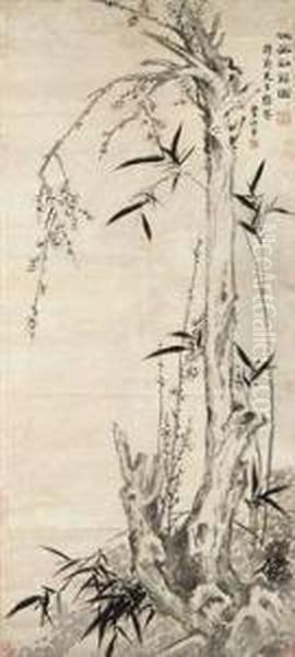 Bamboo And Plum Blossoms Oil Painting by Yong Rong