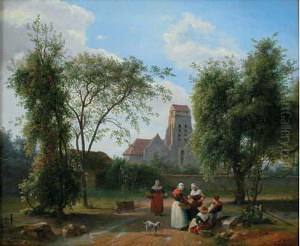 Paysannes En Conversation Devant L'eglise Oil Painting by Guillaume Frederic Ronmy