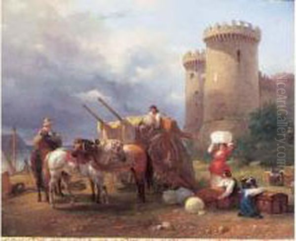 L'arrivee Des Voyageurs Pres De L'embarcadere, Circa 1830 Oil Painting by Guillaume Frederic Ronmy