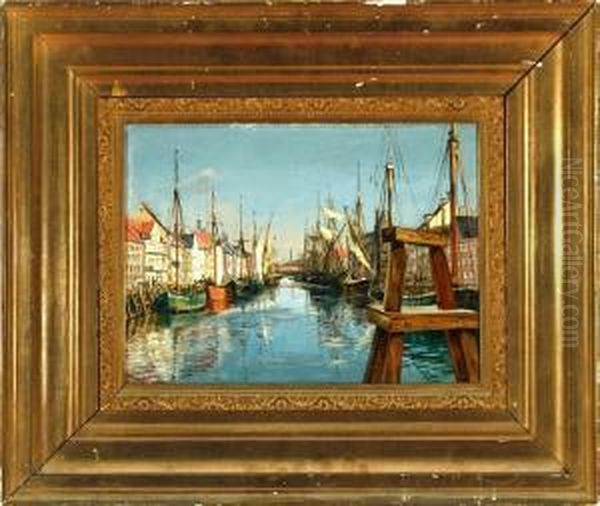 A Canal Scenery From Nyhavn, Denmark Oil Painting by Svend Ronne