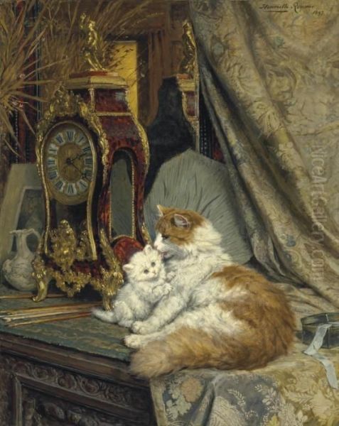 A Mother Cat And Her Kitten With A Bracket Clock Oil Painting by Henriette Ronner-Knip