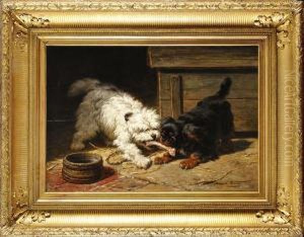 Deux Chiens Se Disputant Un Os Oil Painting by Henriette Ronner-Knip