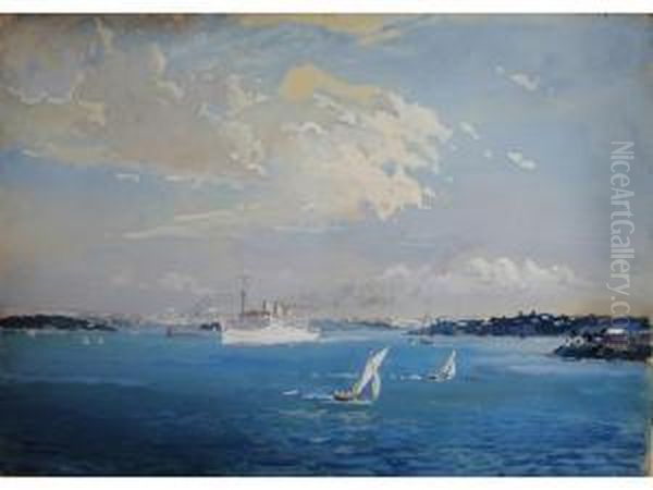 The P&o Liner Stranraer Leaving Sydney Oil Painting by Herbert Kerr Rooke