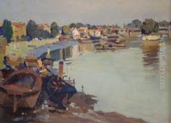 Thames View With Steam Tugs And Figures Playing At Waters Edge Oil Painting by Herbert Kerr Rooke