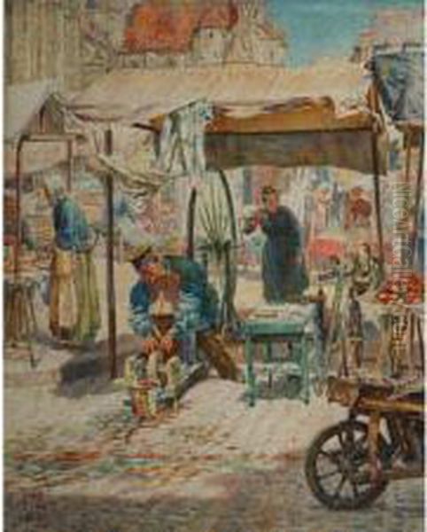 Continental Market Scene With Knife Grinder Oil Painting by Thomas Matthew Rooke