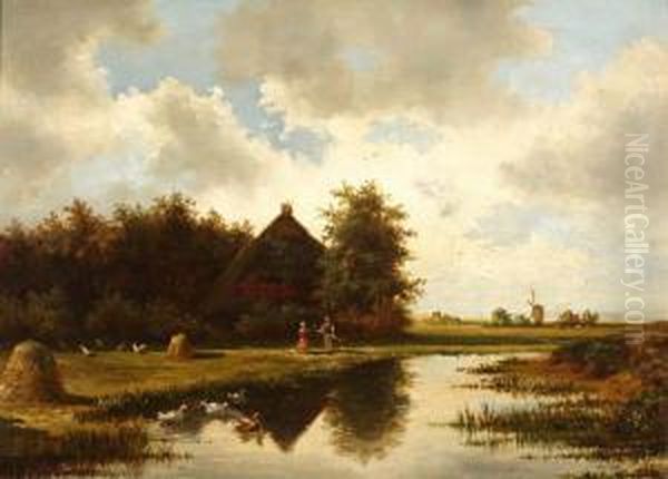 Landschap Met Boeren Op Korenveldje Aan Het Water Oil Painting by Cornelis Francois Roos