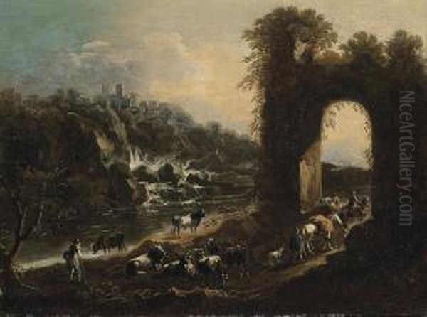 A River Landscape With Drovers And Their Cattle By An Arch, A Waterfall Beyond Oil Painting by Jakob Roos