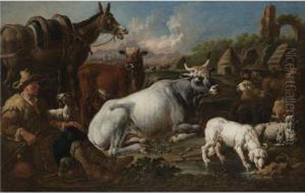 An Extensive Landscape With A Herdsman Resting His Flock Near
Ancient Ruins Oil Painting by Jakob Roos