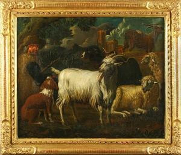 Hirte Mit Hutehund, Schafen Und Ziegen Vor Ruine Oil Painting by Jakob Roos