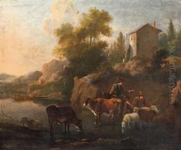 Shepherds With Cattle By The Water Oil Painting by Jakob Roos