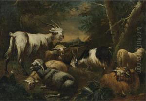 Goats And Sheep In A Landscape Oil Painting by Jan I Roos