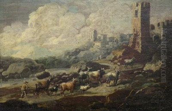 A Drover With Cattle And Goats On A Mountainous Path Oil Painting by Johan Heinrich Roos