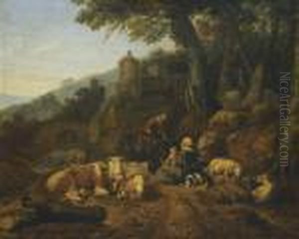 A Landscape With Drovers And Their Flock At Rest Oil Painting by Johan Heinrich Roos