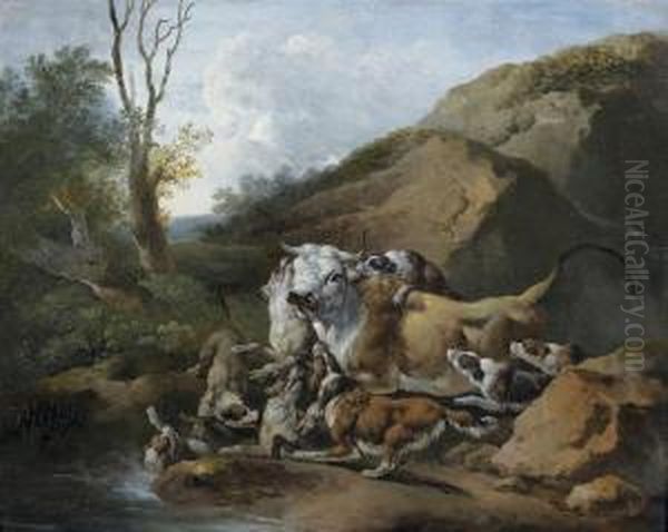 Taureau Attaque Par Des Chiens Oil Painting by Johann Melchior Roos