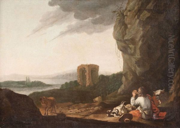 Bauer Mit Rind Und Schafherde In Felsiger Ruinenlandschaft Oil Painting by Johann Melchior Roos