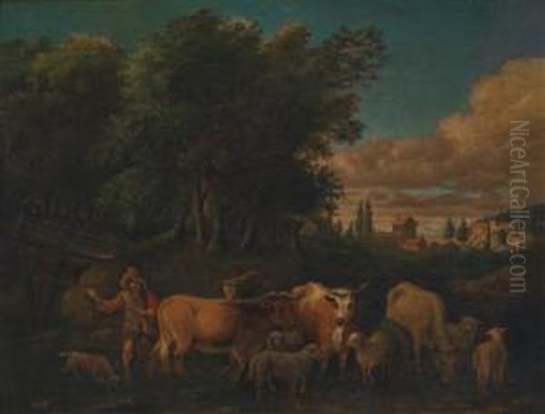 A Herdsman Outside A Town Oil Painting by Joseph Rosa Roos