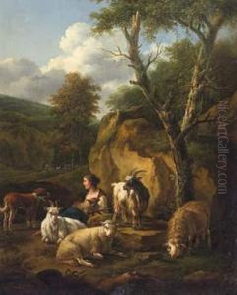 Shepherdess With Her Sheep And Goats Oil Painting by Joseph Rosa Roos