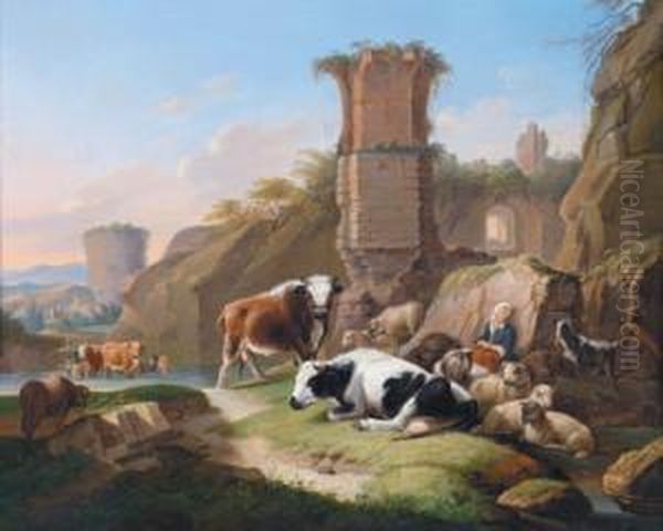 Bastiame Al Riposo Nella Campagna Romana Oil Painting by Joseph Rosa Roos