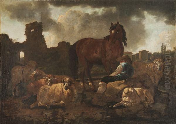 Berger, Cheval Et Moutons Oil Painting by Philipp Peter Roos