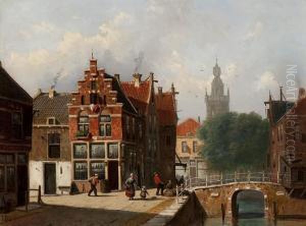 Dutch Townscape With A View Of A Churchtower Oil Painting by Frederik Roosdorp