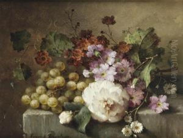 A Camellia, Carnations, Grapes And Other Flowers On A Marble Ledge Oil Painting by Margaretha Roosenboom