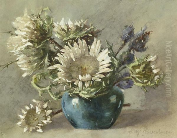 Disteln In Blauer Vase Oil Painting by Margaretha Roosenboom