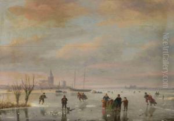 A Winter Landscape With Figures Skating Oil Painting by Nicholas Jan Roosenboom