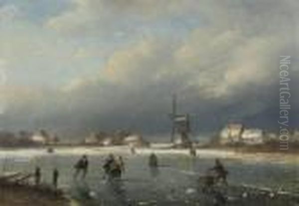 A Winter Landscape With Skaters And A Mill Beyond Oil Painting by Nicholas Jan Roosenboom