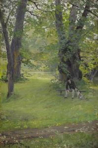 Parklandskap Med Sittande Herre Och Hund Oil Painting by Gerda Roosval-Kallstenius