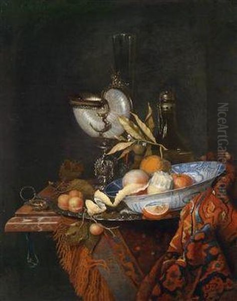 Magnificent Still Life With A Silver Platter With Apricots Oil Painting by Jacob Rootius