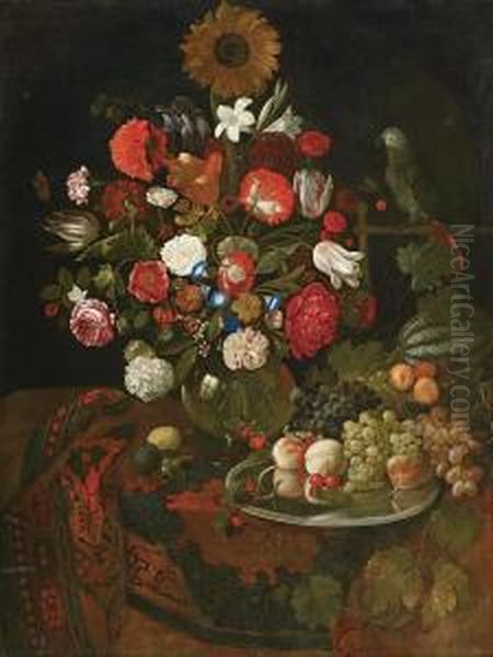 Stillleben Mit Blumen, Fruchten Und Papagei Oil Painting by Jacob Rootius