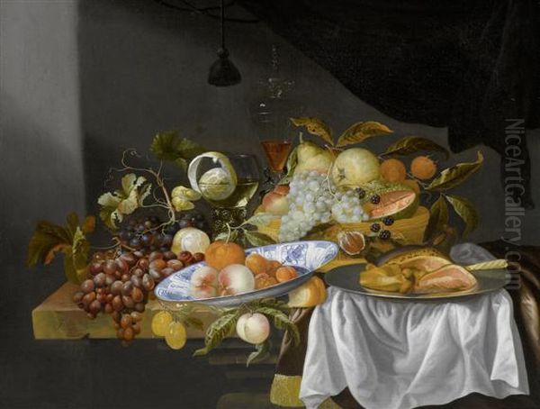 Still Life With Fruits, Ham And A Wan-li Plate Oil Painting by Jacob Rootius