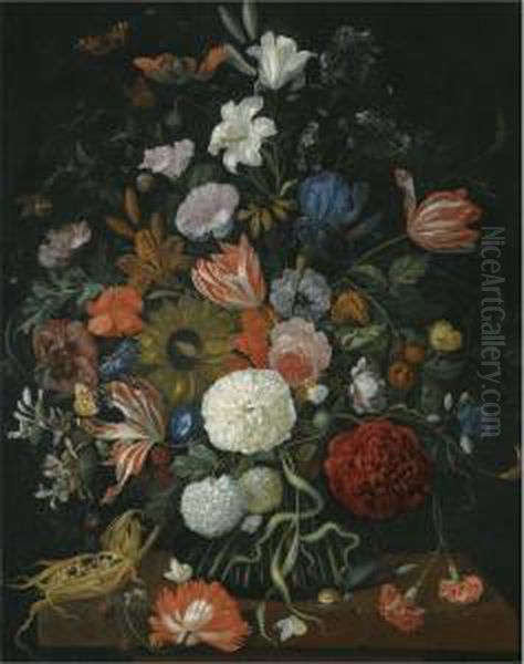 Still Life Of Flowers In A Vase On A Stone Ledge With A Corn Coband A Snail Oil Painting by Jacob Rootius