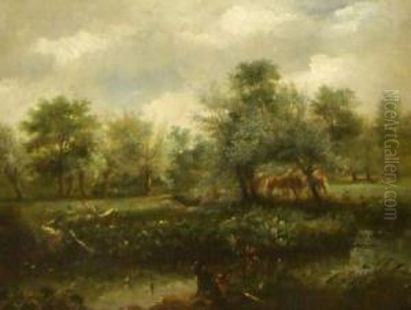 River Scene With Horses Grazing And Dogs Sitting By Riverbank Oil Painting by George Thomas Rope