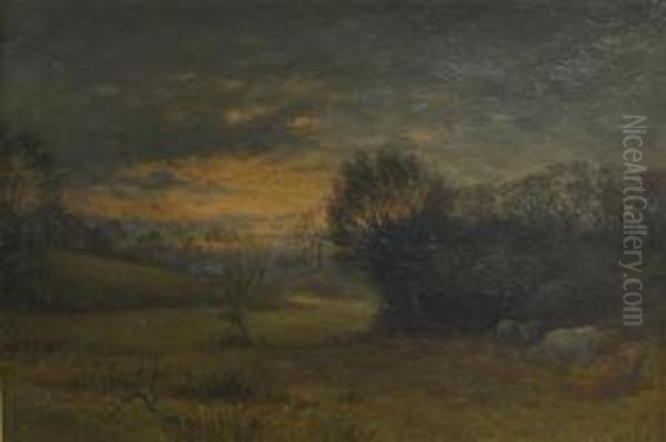 Cattle Grazing In A Landscape At Sunset Oil Painting by George Thomas Rope