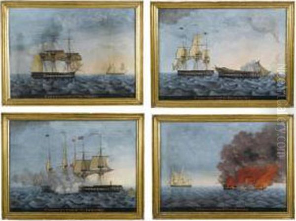 A Set Of Four Paintings: The Constitution And Guerriere Sighting Each Other; The Constitution And Guerriere Firing On Each Other; The Constitution And Guerriere Dismasted; The Constitution And Guerriere Burning Oil Painting by George Ropes